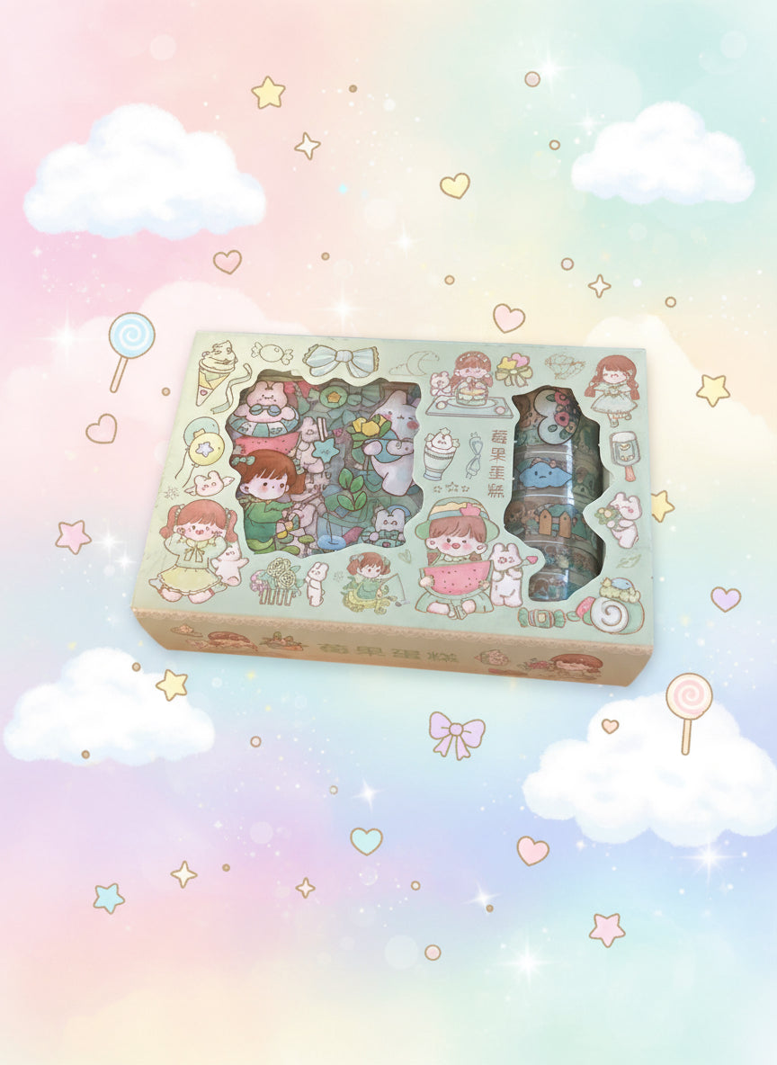 Kawaii pysselset grönt – Stickers & tejp för unikt och gulligt DIY-pyssel
