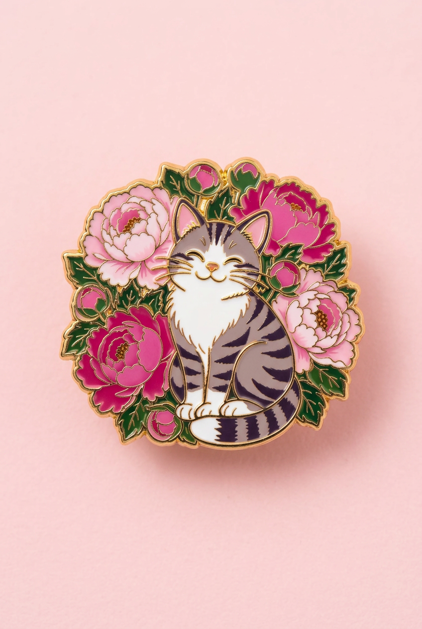Pin - Katt med blommor (grå)