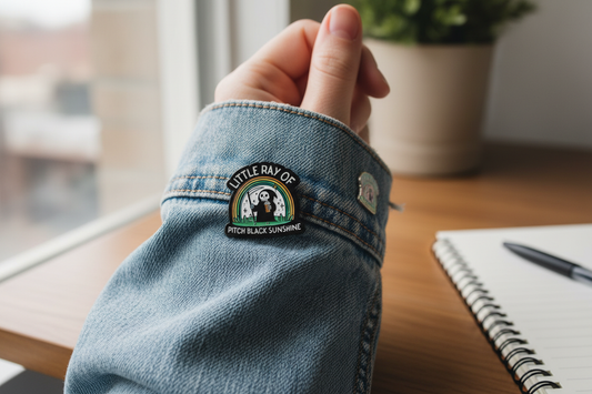 AI Generated Creative - Kawaii Pin med Rolig Text - "Little ray of pitch black sunshine"