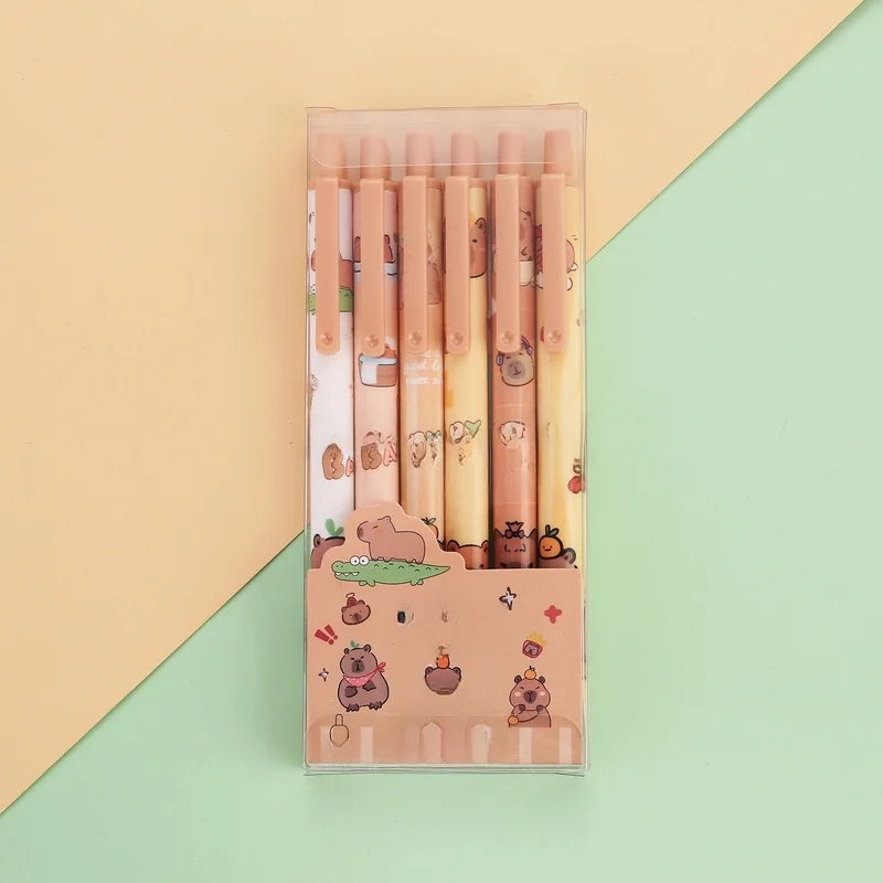 Kawaii Capybara pennor 6-pack - Söta skrivmaterial för skola & kontor