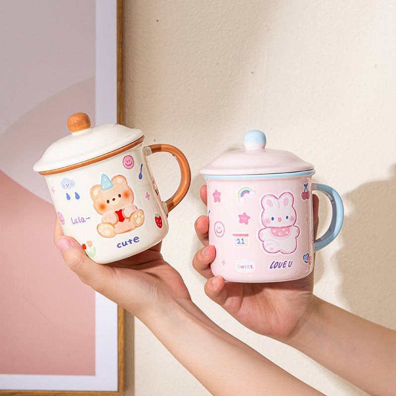 Söt beige Kawaii mugg med björn och lock – 400 ml