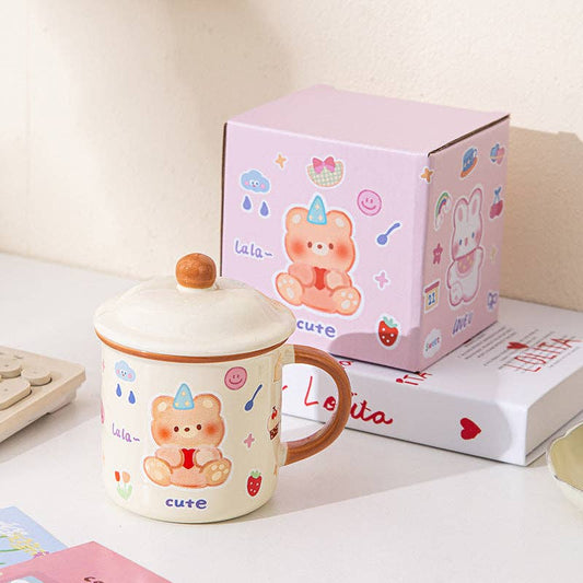 Söt beige Kawaii mugg med björn och lock – 400 ml