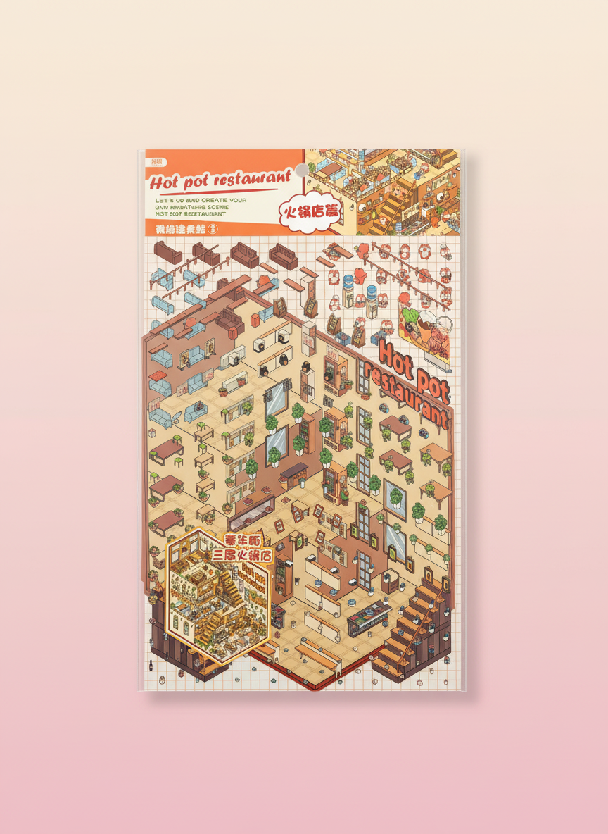 3d Sticker Scene- Hot Pot restaurant - Pink Panda Style product photo
