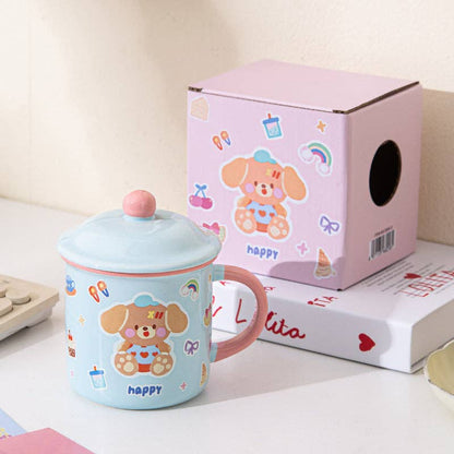 Söt beige Kawaii mugg med björn och lock – 400 ml