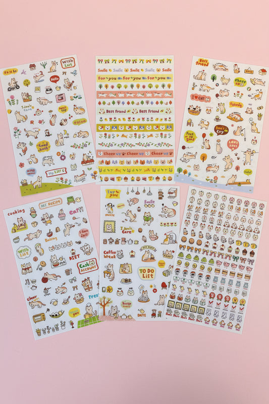 Sticker-set med orangea katter- 6 ark kawaii stickers för pyssel och dekoration