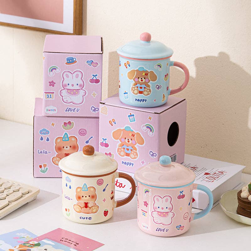 Söt beige Kawaii mugg med björn och lock – 400 ml