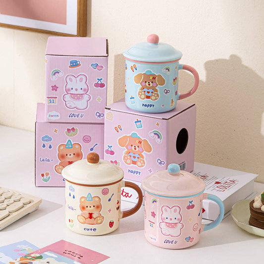 Söt beige Kawaii mugg med björn och lock – 400 ml