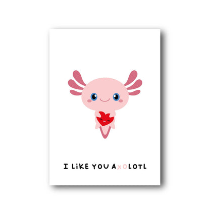Vykort jag gillar dig mycket med en söt Axolotl