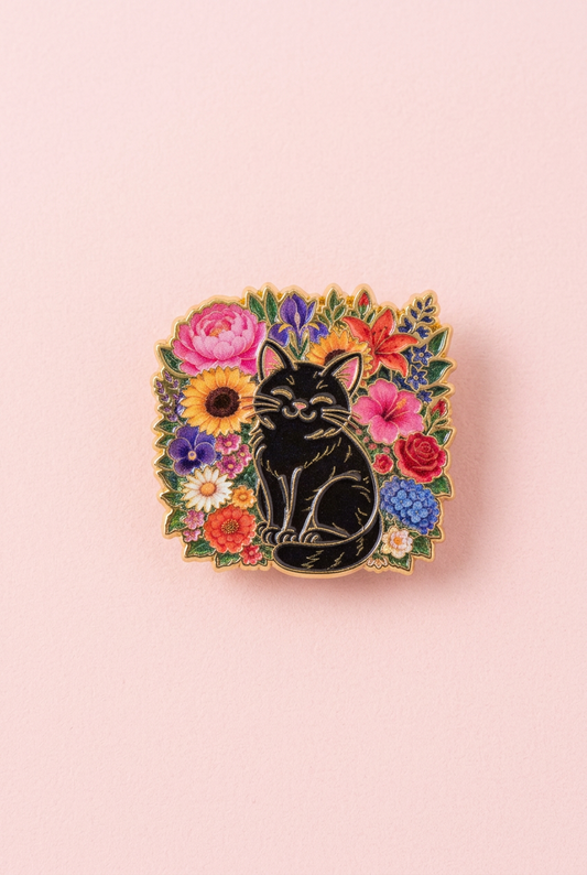 Pin - Katt med blommor (svart)