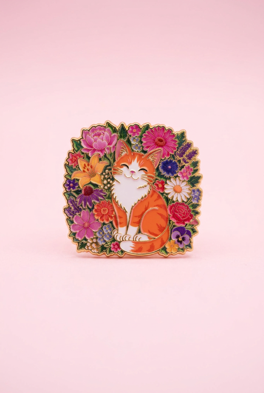 Pin - Katt med blommor (orange)