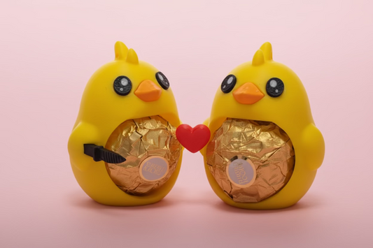 Söt present- kyckling med kniv eller hjärta