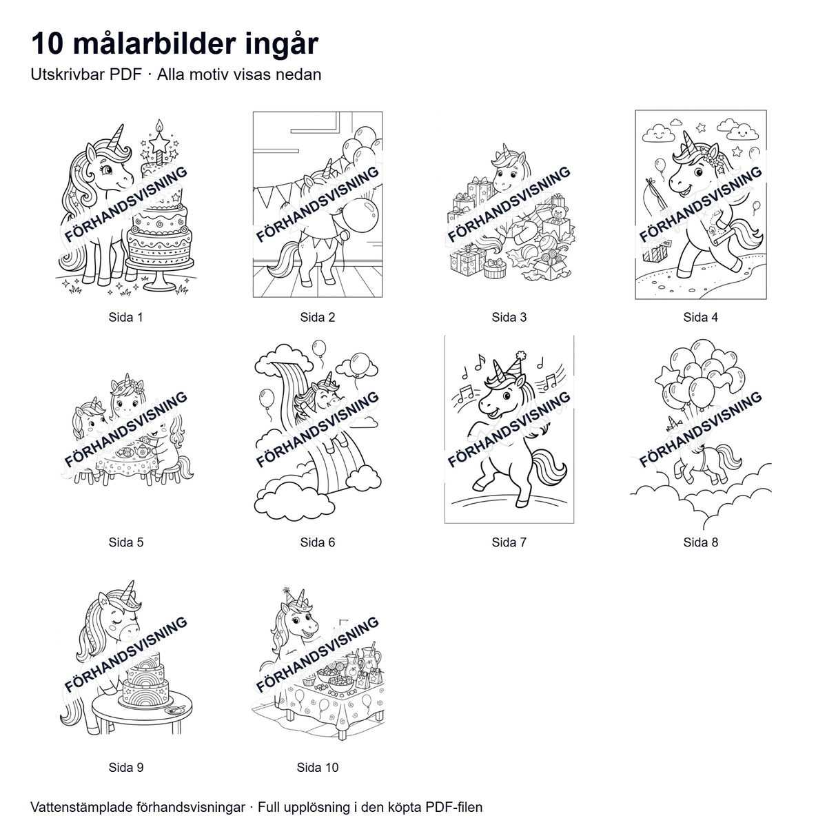 Målarsidor Enhörningens kalas - Nerladdning