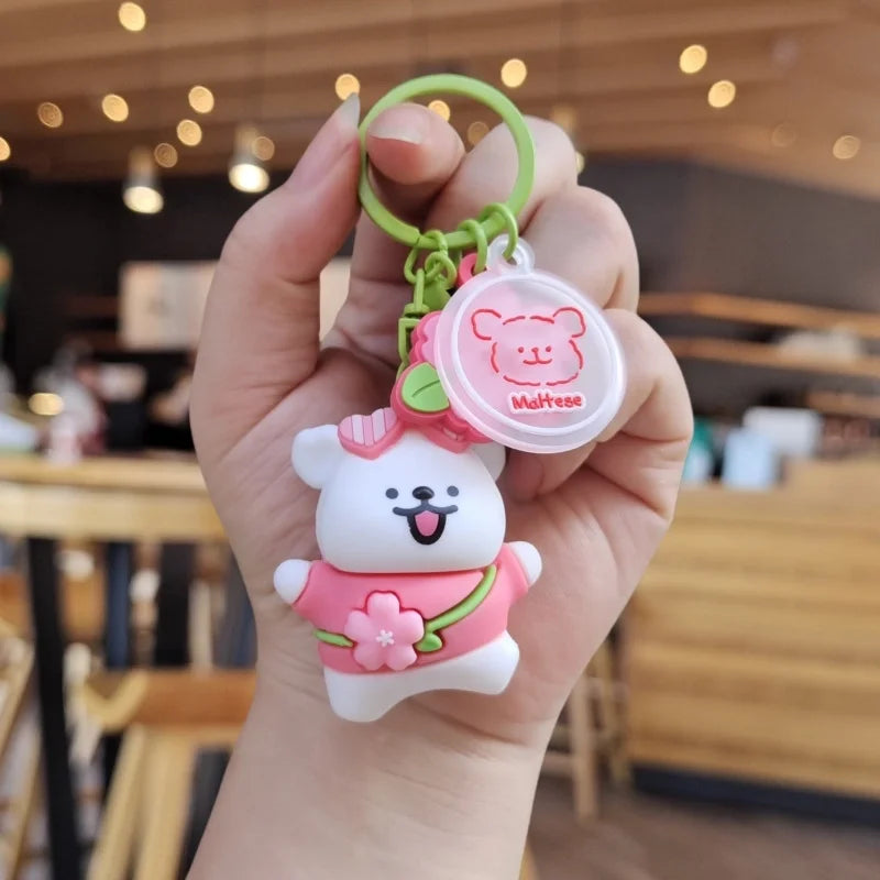 Nyckelring Kawaii Hund med Rosa Blomma - Söt Accessoar för Väska & Nycklar
