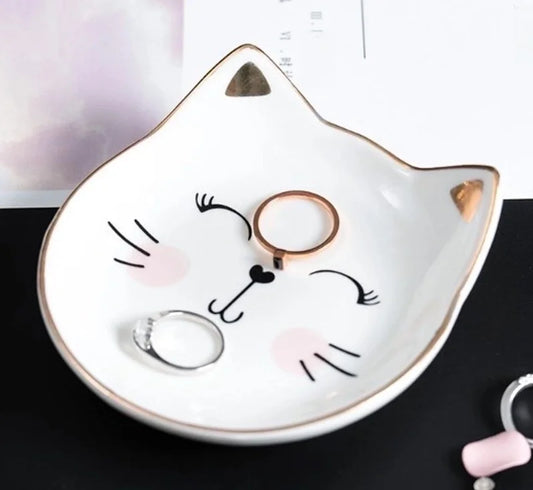 Kawaii kattfat i vitt porslin - Smyckesfat eller godisskål med söt kattdesign
